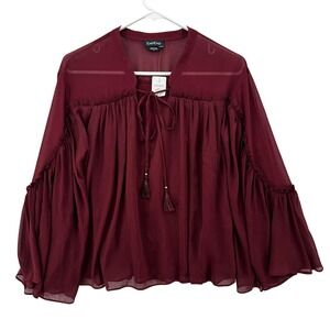 Bebe Flared Sleeve Trophy Top Womens Small Burgundy Clara Boho Peasant Sheer NWT